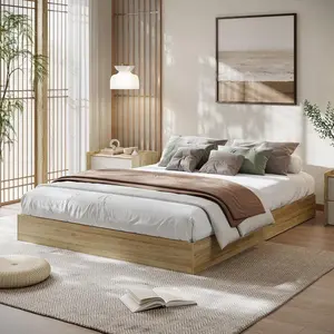 King Size Wood Platform Bed Frame with Slat Support - Sturdy Minimalist Floor-Standing Design  No Box Spring Needed  Easy Assembly  Burlywood Slatted Bed Base