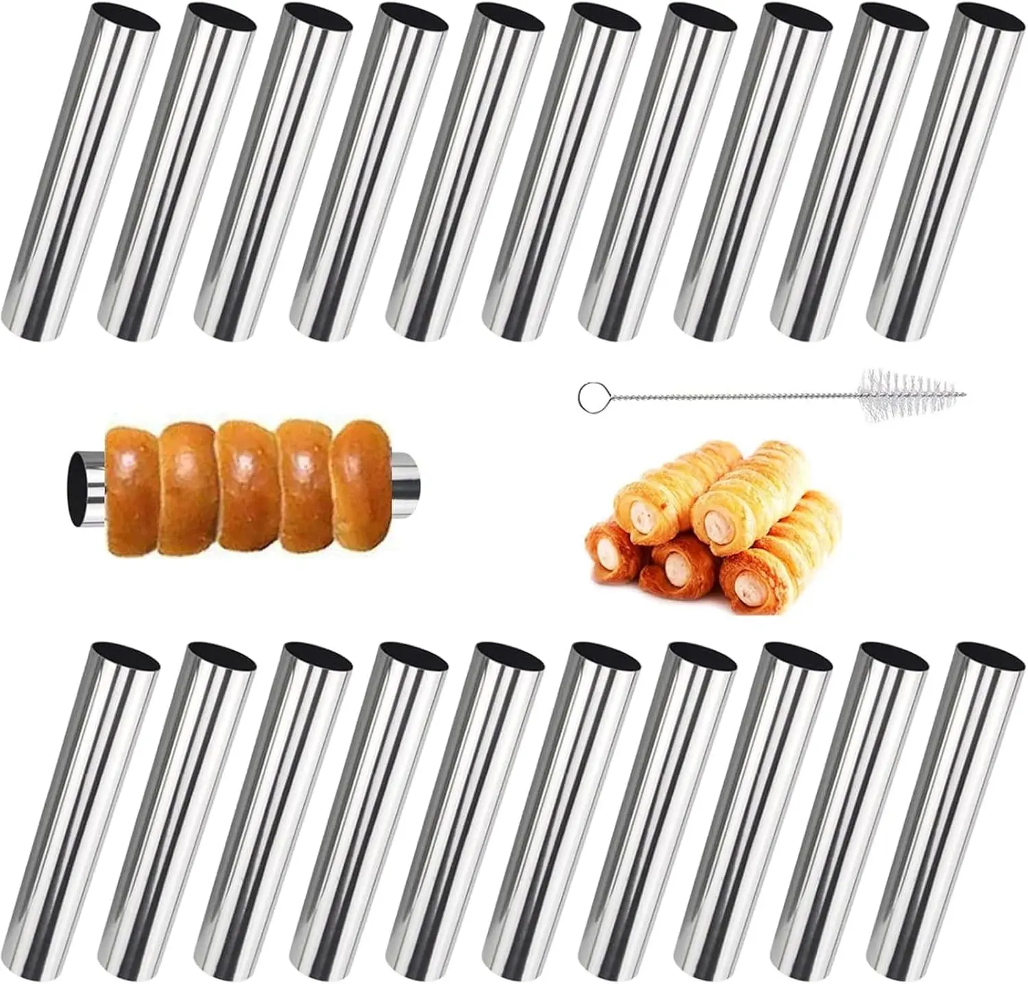 Cream Horn Molds Stainless Steel, Cannoli Tubes Kit Pack of 20 Baking Cones Pastry Roll Horn Croissant Mold with Brush