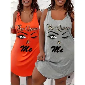 Plus Size 2pcs Womens Summer Two-Pack Women's Vest Style Casual Sleeveless Dress, The Queen Is Me Printed Round Neck Curved Hem Tank Skirt, Summer Cool Home Clothes (Orange & Gray)GiftGift