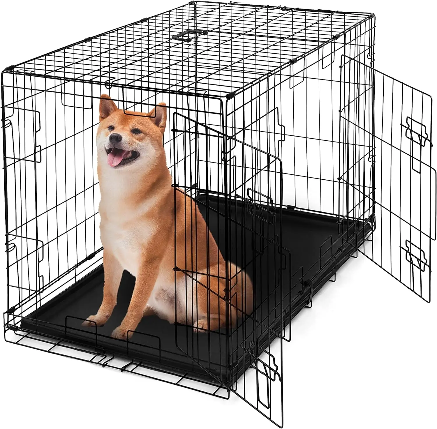 CAPHAUS Foldable Dog Crate Wire Metal Dog Kennel w/ Leak-Proof Pan & Protecting Feet & Divider Panel, Small, Medium & Large Dog Crate Indoor Wire Dog Cage, 36”/42”/48”w/ Double Doors