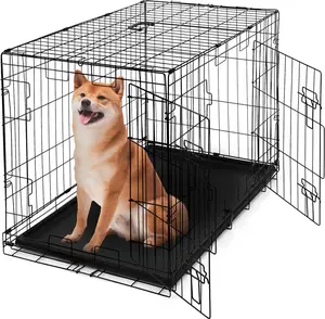 CAPHAUS Foldable Dog Crate Wire Metal Dog Kennel w/ Leak-Proof Pan & Protecting Feet & Divider Panel, Small, Medium & Large Dog Crate Indoor Wire Dog Cage, 36”/42”/48”w/ Double Doors