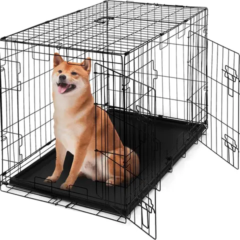 CAPHAUS Foldable Dog Crate Wire Metal Dog Kennel w/ Leak-Proof Pan & Protecting Feet & Divider Panel, Small, Medium & Large Dog Crate Indoor Wire Dog Cage, 36”/42”/48”w/ Double Doors