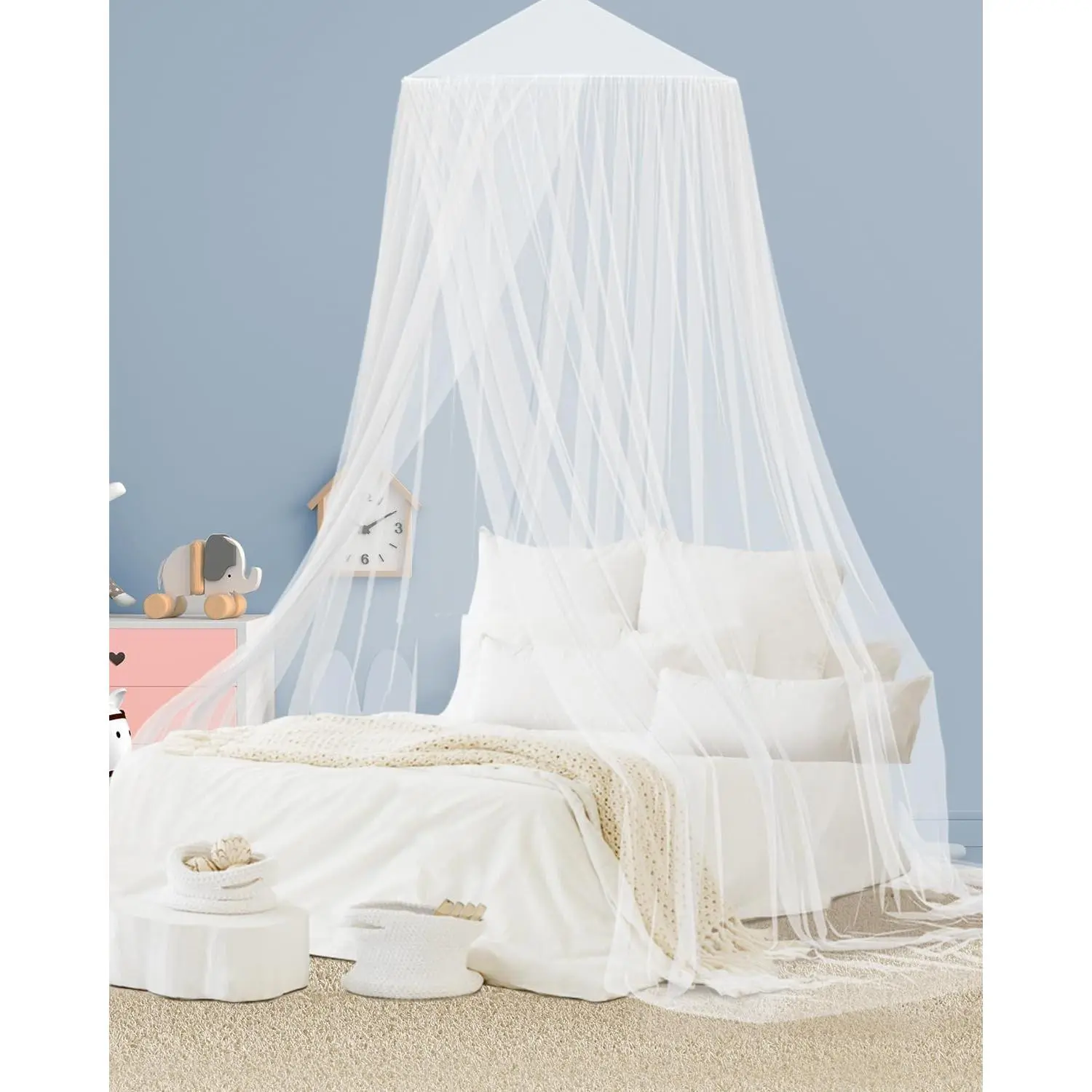 Mosquito Net Bed Canopy for Girls, Elegant Canopy Bed Curtains from Ceiling, Easy to Install, Dome Mosquito Netting for Single to Adult Size Beds, Home & Camping Use, White