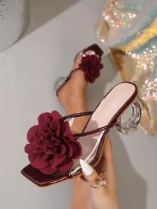 Vintage Wine Floral High Heel Women Sandals, Transparent Square Toe, Crystal Ring Heel, Romantic Camellia Shoes for Dates