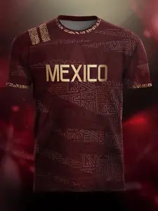 Men's Mexican Aztec Tribe Wine Soccer Jersey, Sporty Loose-Fit Short Sleeve Top, Geometric Pattern, All Seasons Wear