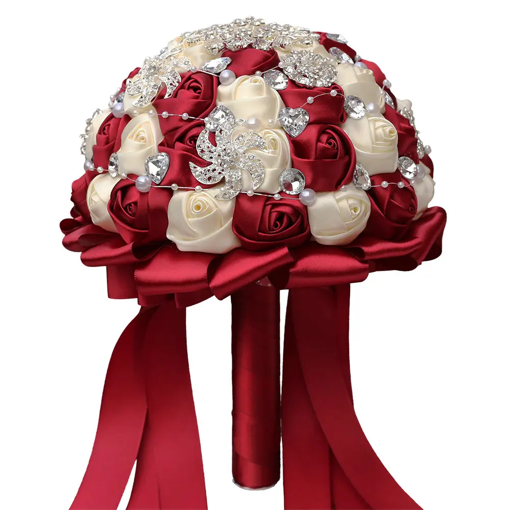 Elegant Red and white White Satin Rose Bouquet Embellishments Bridal Handheld Flower for Weddings, sweet 15 Quinceanera Bouquet, Bridal Showers, Bridal Gifts,Handholding Bouquet for Special Occasions, Wedding Accessory Bridesmaid Gifts Decor Decorative