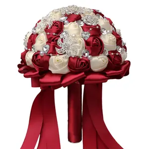 Elegant Red and white White Satin Rose Bouquet Embellishments Bridal Handheld Flower for Weddings, sweet 15 Quinceanera Bouquet, Bridal Showers, Bridal Gifts,Handholding Bouquet for Special Occasions, Wedding Accessory Bridesmaid Gifts Decor Decorative