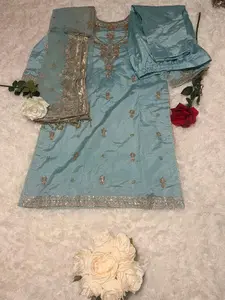 Sky Blue Embroidered 3-Piece Suit kameez, Dupatta, and Pants | Elegant Festive & Wedding Wear