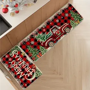 Christmas Kitchen Mats for Floor - Farmhouse Truck Red Buffalo Plaid Christmas Kitchen Decor - Xmas Kitchen Rugs Set of 2 Decorations for Bathroom,Home,Indoor