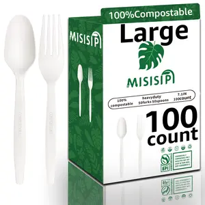 100PCS 7IN 100%Compostable Forks and Spoons Set All Natural USA Corn Plant Based Large Forks and Spoons Set  Heavy Duty Plastic-Free Disposable Forks and Spoons for Lounge Party BBQ Banquet Wedding Picnic.(Inclound 50Forks and 50Spoons)