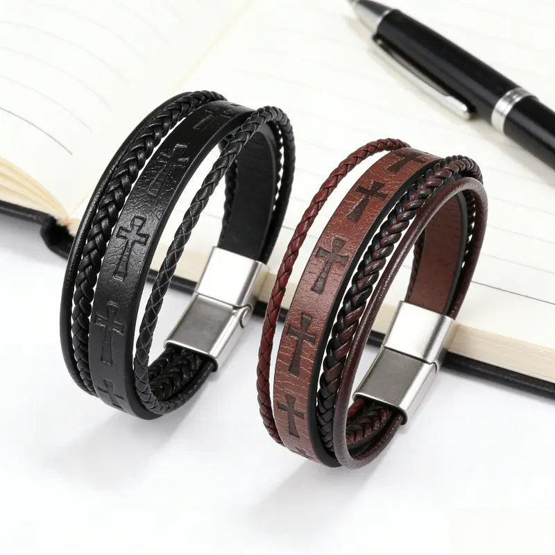 Men's Punk-Style Cross Leather Bracelet - 22cm High Quality Exquisite Trendy Retro Personalized Magnetic Buckle Brown Costume Jewelry Accessory with Cross Details, Exquisite Trendy Bracelet, Fashionable Bracelet