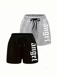 Women's Letter Print Two-Piece Set Adjustable Drawstring Shorts, Loose Fit Knit Pockets Design, Ideal for Spring & Summer Wear