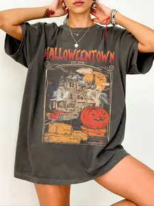Women's Halloween Pumpkin Castle Print Round Neck Casual Fitted Short Sleeve T-Shirt, Vintage Fashion Summer Top for Daily Wear