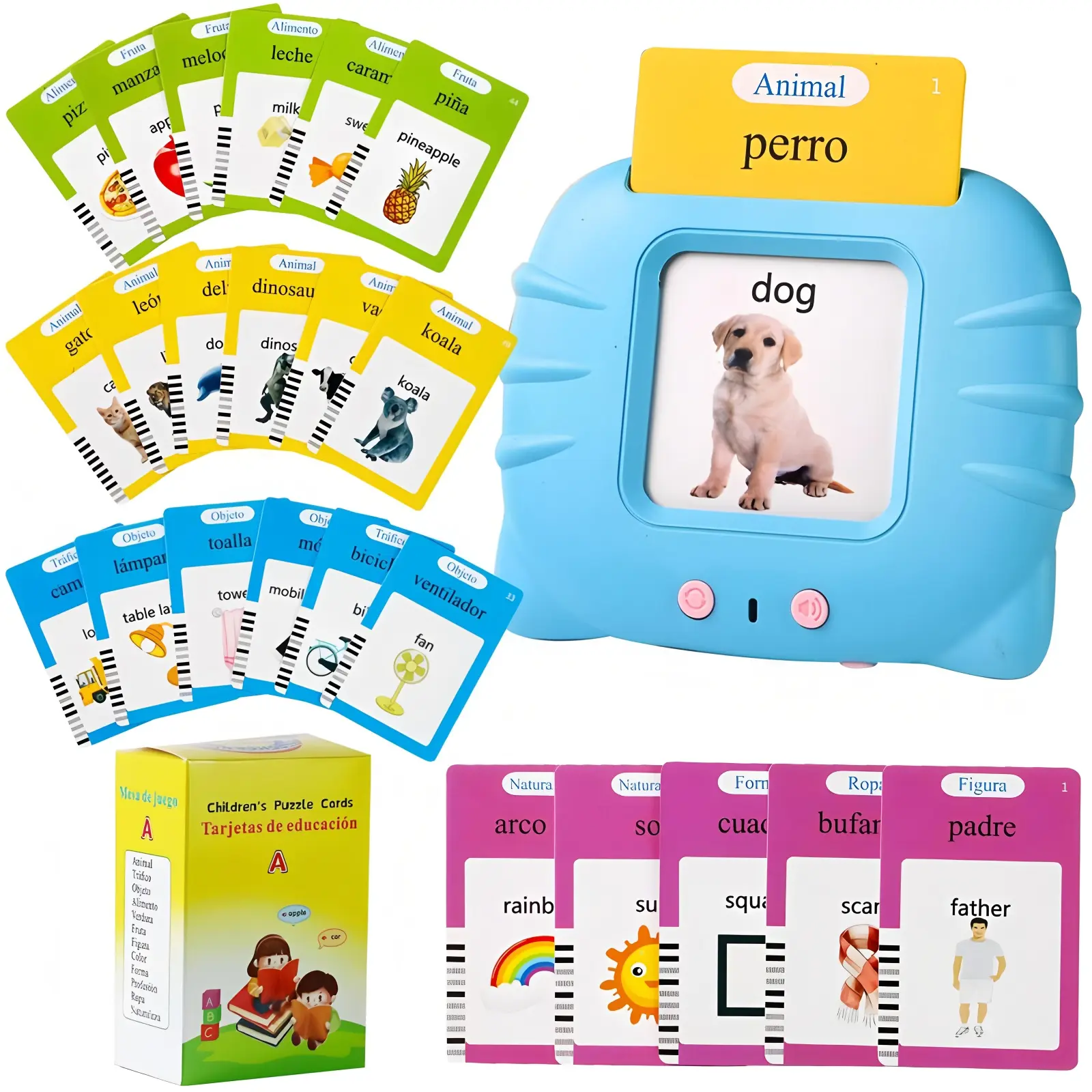 KIDGENIUS Portable Bilingual English-Spanish Talking Flash Cards, 224-Word Learning Machine, Interactive Child Development Toy for Preschoolers’ Language Skills, Perfect Easter Gift for Grandkids, Child Development Toys Colorful Synthetic