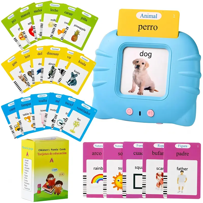 KIDGENIUS Rechargeable Plastic Bilingual Talking Flashcard Reader with English-Spanish Mix Bilingual Instruction Cards, Screen-Free Educational Toy for 2-6 Year-Olds, Safe Durable Back to School Gift for Toddlers