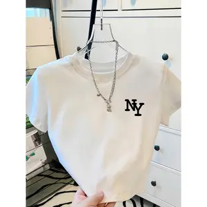 Women's 2025 Summer Crop Top T-Shirt - Fitted Short Sleeve Tee with Bold NY Geometric Print, Machine Washable White & Black Casual Streetwear for Layering & Everyday Outfits, Ladies T Shirts, Layering Piece, Youthful Appeal