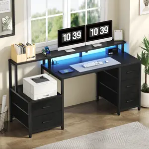 67" Black Computer Desk with 5 Drawers and Printer Space,File Drawer,  Computer Desk Gaming Desk with Power Outlet & LED Strip, Home Office Desk with Monitor Shelf, Corner Desk with Storage Shelves gaming table comes with LED lights