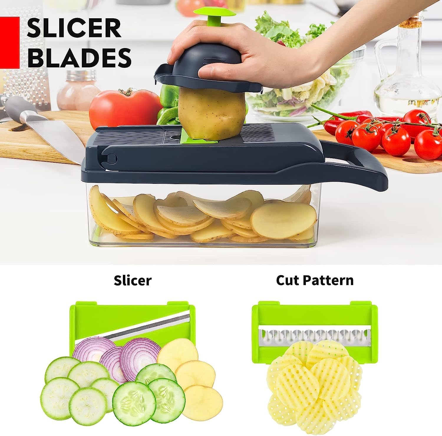Vegetable Chopper, Pro Onion Chopper, 14 in 1Multifunctional Food Chopper, Kitchen Vegetable Slicer Dicer Cutter,Veggie Chopper With 8 Blades,Carrot and Garlic With Container (Gray) (Gray)