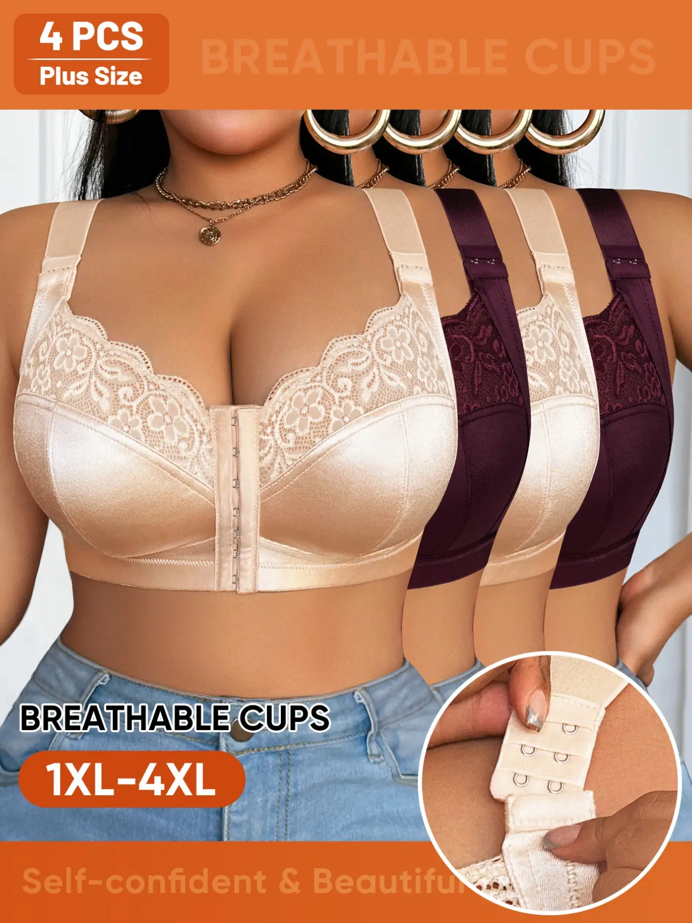 4-Pack Women's Plus Size Wire-Free Bralette, Unpadded Lightweight Breathable Lace Comfort Bra Set, Full Coverage Medium Support, All Seasons