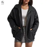 AUTOMET Women's Oversized Faux Leather Jacket for Fall and Winter | Boyfriend Biker Moto Coat, Medium weight Fall Bomber Jackets, Winter Outerwear