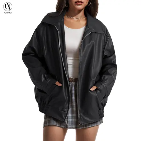 AUTOMET Women's Oversized Faux Leather Jacket for Fall and Winter | Boyfriend Biker Moto Coat, Medium weight Fall Bomber Jackets, Winter Outerwear