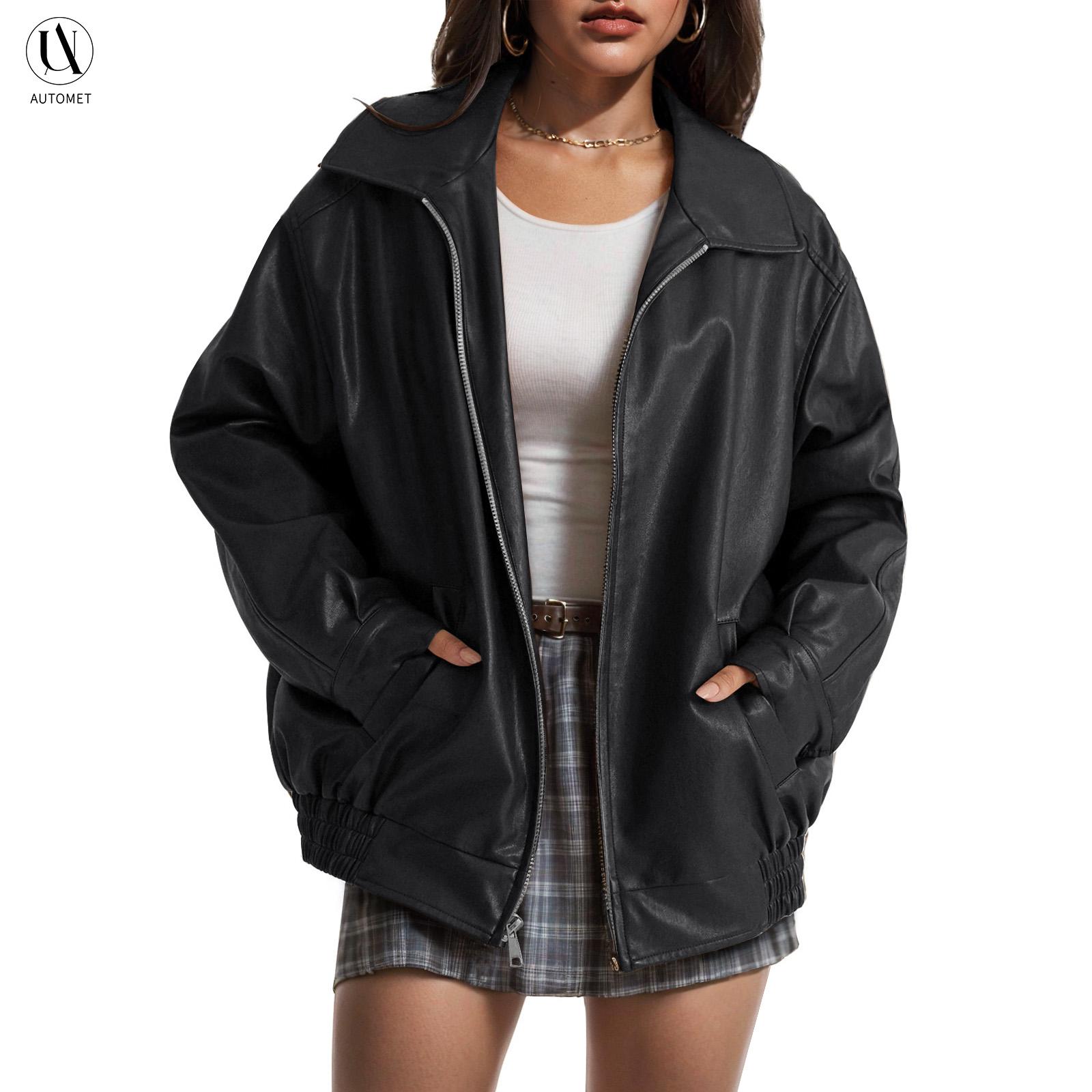 AUTOMET Women's Oversized Faux Suede Leather Motorcycle Bomber Coat - Long Sleeve Polyester-Blend Fabric, Y2K Punk Style, Fall-Winter Outerwear with Pockets, Basic Button Closure, Versatile for Casual-Formal Use,summerwins,summeroutfits,vacationoutfits,be