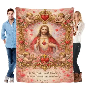 Sacred Heart of Jesus John 15:9 Flannel Blanket Soft Cozy Plush Throw Perfect Christian Valentine’s Faith Gift Warm Snuggle Blanket for Bedroom Vintage Cherub Floral Gold Frame Design