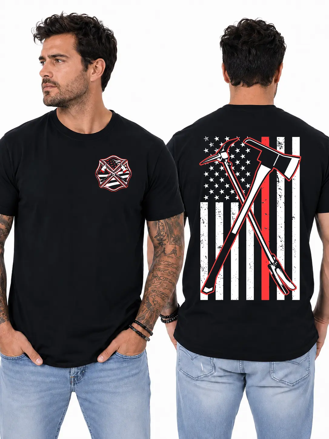 Firefighter Axe T-Shirt, Distressed American Flag Fire Rescue Graphic Design, Your Brand Graphic Shirt for Firefighters & First Responders, Gift for Firefighter Dads or Fire Station Crew