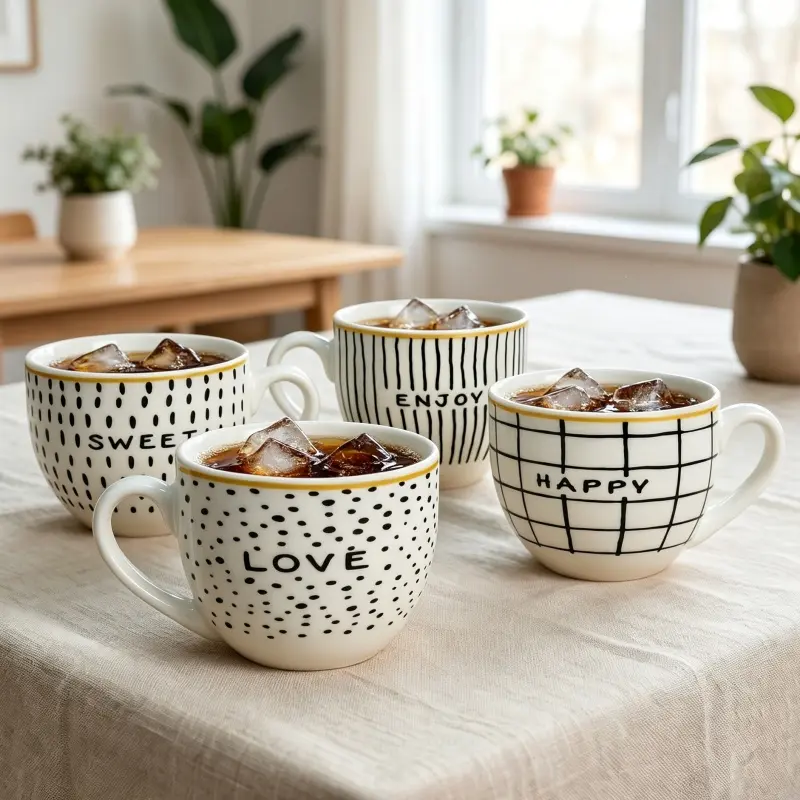 4-Piece Hand-Painted Ceramic Mug Set - Minimalist Lettering Design Cup for Home Coffee, Water Use