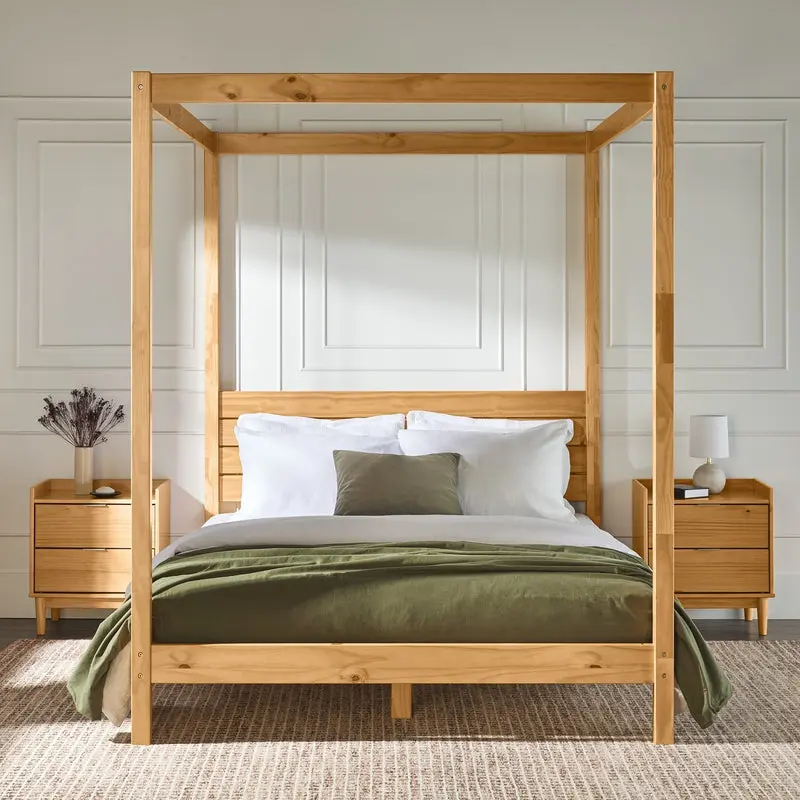 Walker Edison ISLB5CNP Queen Size Natural Pine Minimalist Boho Canopy Bed with Simple Headboard - Clean Aesthetic, Boho Farmhouse Design, Clean Aesthetic Beds, Canopy Bed Beds