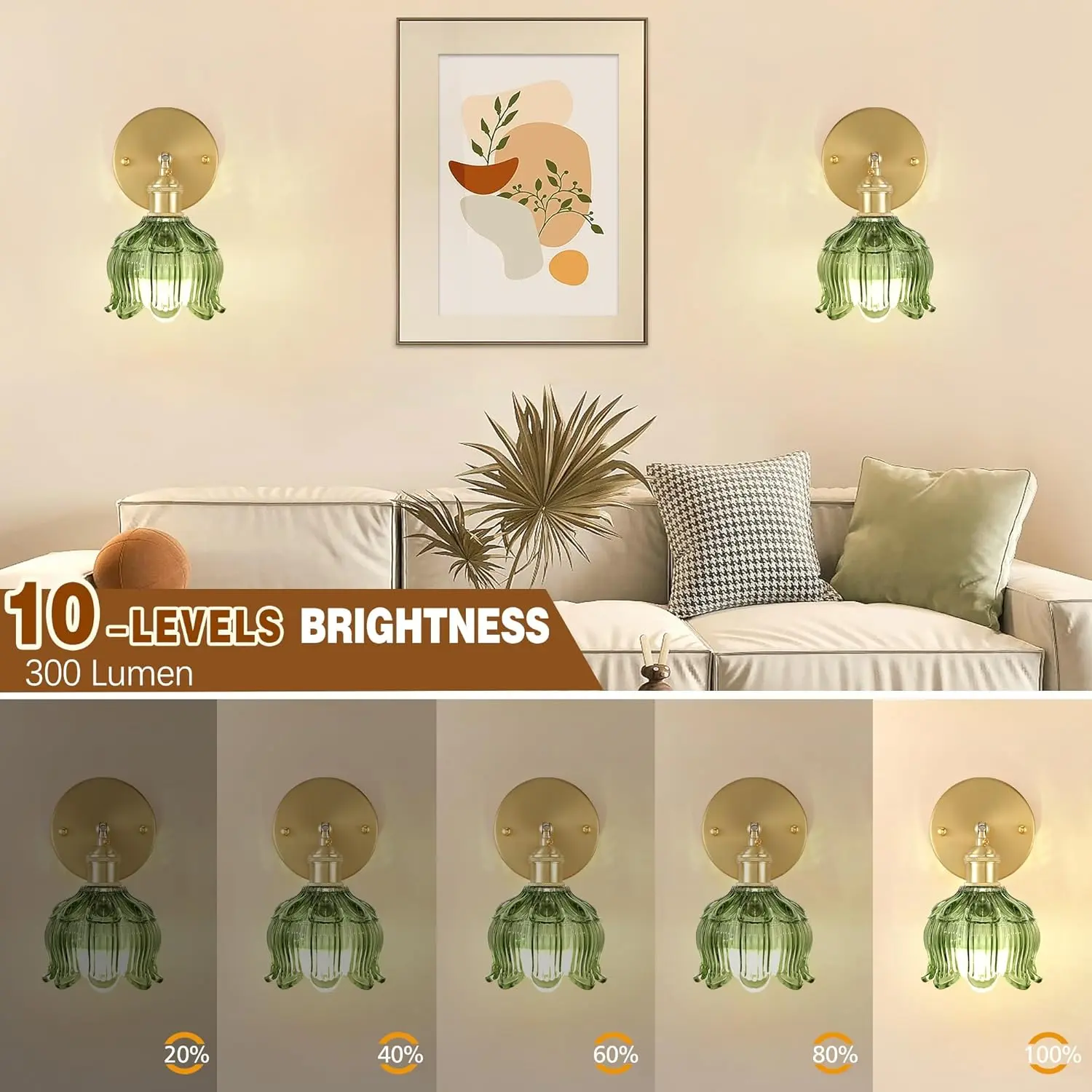 SERBASIC Wireless Wall Sconce, 2-Piece Dimmable LED Lights with Flower Lampshade, Brass Glass, Battery Operated, Remote Control, 15 RGB Modes, Retro Industrial Style for Bedroom, Living Room Home Decor (Green), Household Items Decor