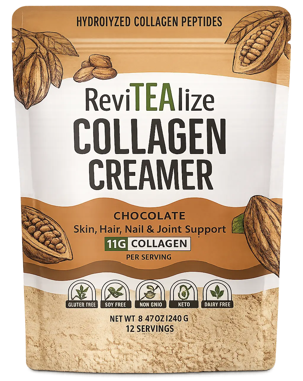 ReviTEAlize Collagen Creamer for Coffee or Tea - Chocolate Flavor - 11g Protein Per Serving - Grass Fed Bovine Collagen Peptides with MCT Oil - Gluten Free, Dairy Free, Sugar Free - Hair, Skin, Nails & Joint Support