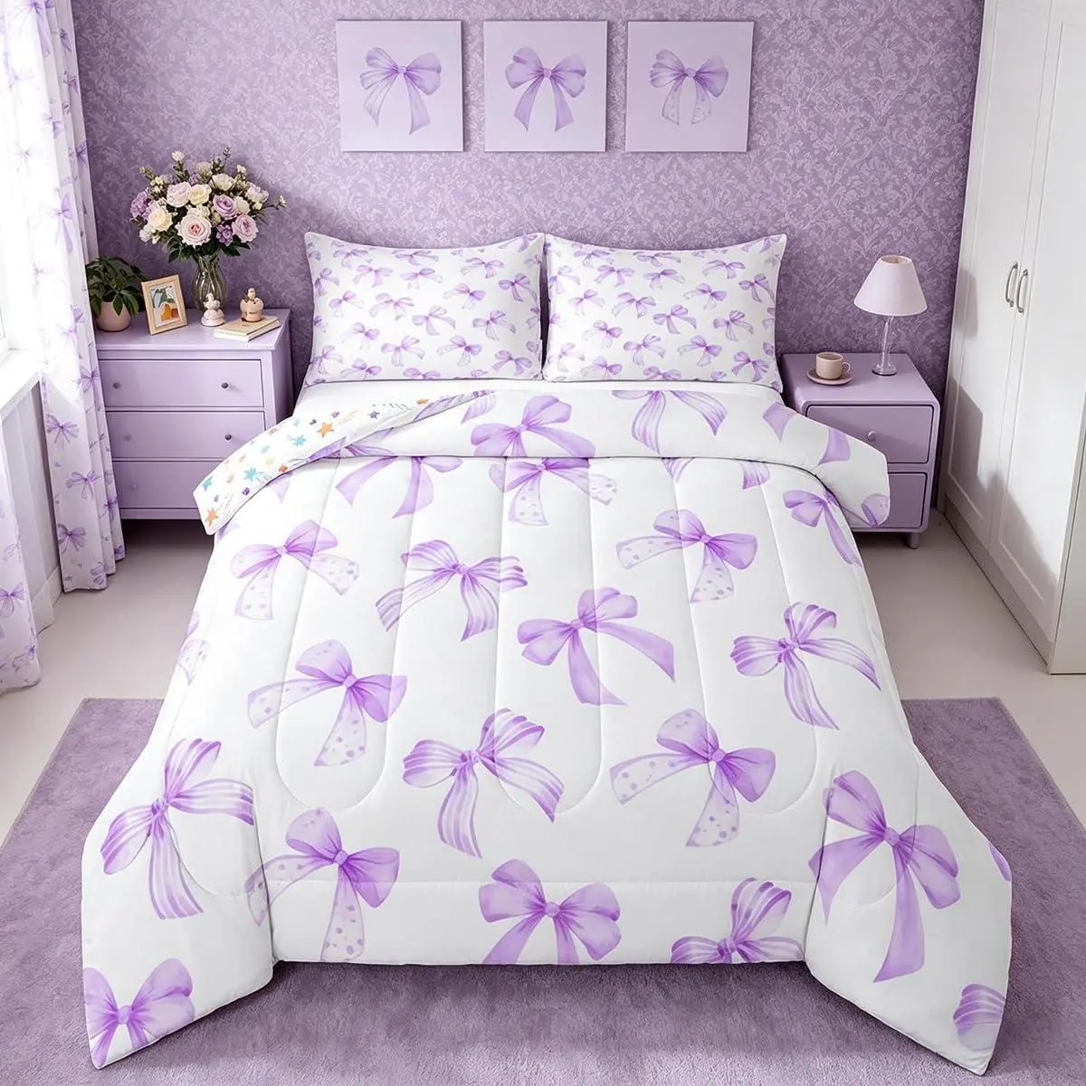 Kawaii Purple Bow Comforter Set Cute Dreamy Princess Style Bedding Set Cute Coquette Bow Knot Duvet Quilt Bedroom Elegant Decor Ultra Soft Breathable