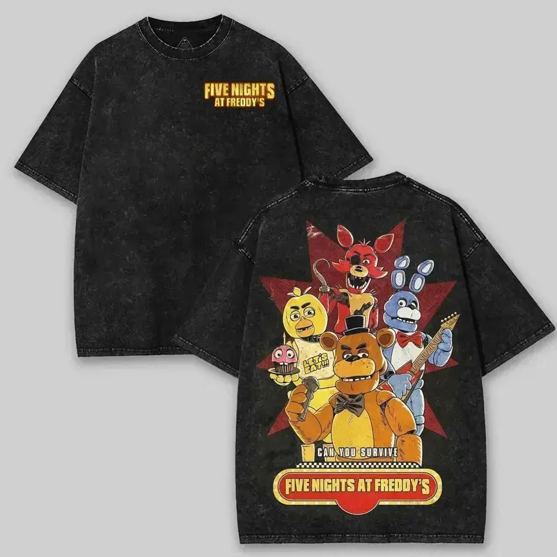 Vintage Washed Black Five Nights at Freddy's FNAF Printed Men's T-Shirt, Retro Horror Game Style Casual Short Sleeve, Crew Neck Loose Streetwear Fan Top, Exclusive Gift for Game and Anime Enthusiasts