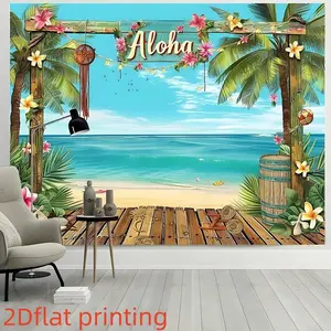 2D Flat Aloha Hawaii Beach Decorative Backdrop 1 Pack Polyester Material Tropical Palm Flower Seaside Party Banner Summer Beach Themed Photo Hanging Cloth Luau Party Atmosphere Curtain Reusable Waterproof Decorative Supplies