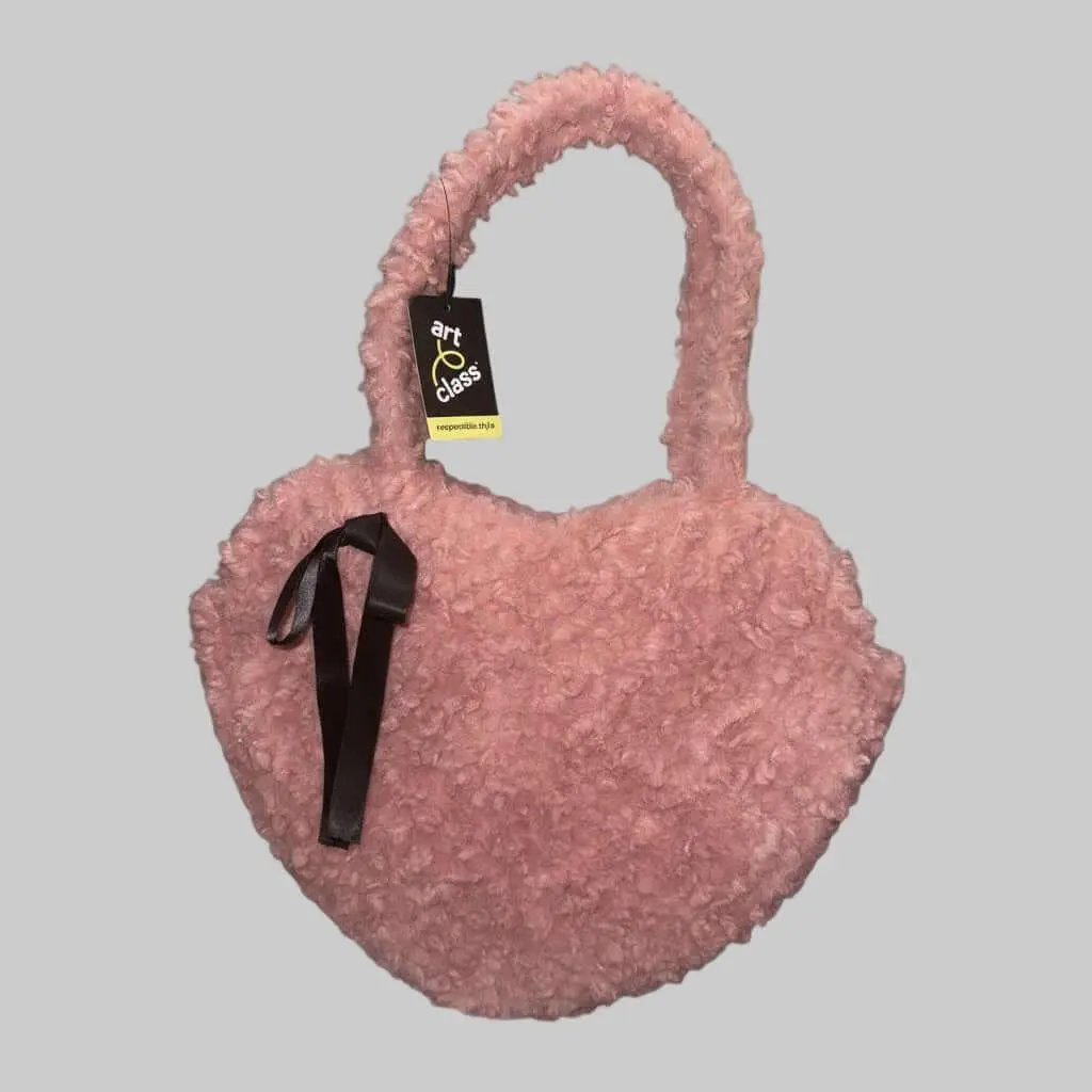 Art Class Heart-Shaped Shoulder Bag – Women’s & Girls’ Pink Sherpa Fashion Purse