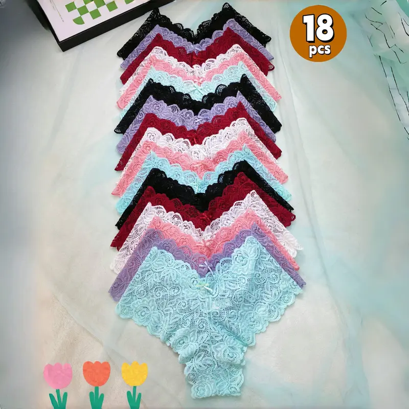 HH  18-Pack Women's Fashion Lace Panties, Cool & Breathable for Summer, Sheer Lace with Trendy Butterfly Prints, Soft Skin-Friendly Fabric, Mid-Coverage Hip Design to Fit Waist & Hip Curves, Elegant for Daily Outfits & Loungewear, Ideal Surprise Gift
