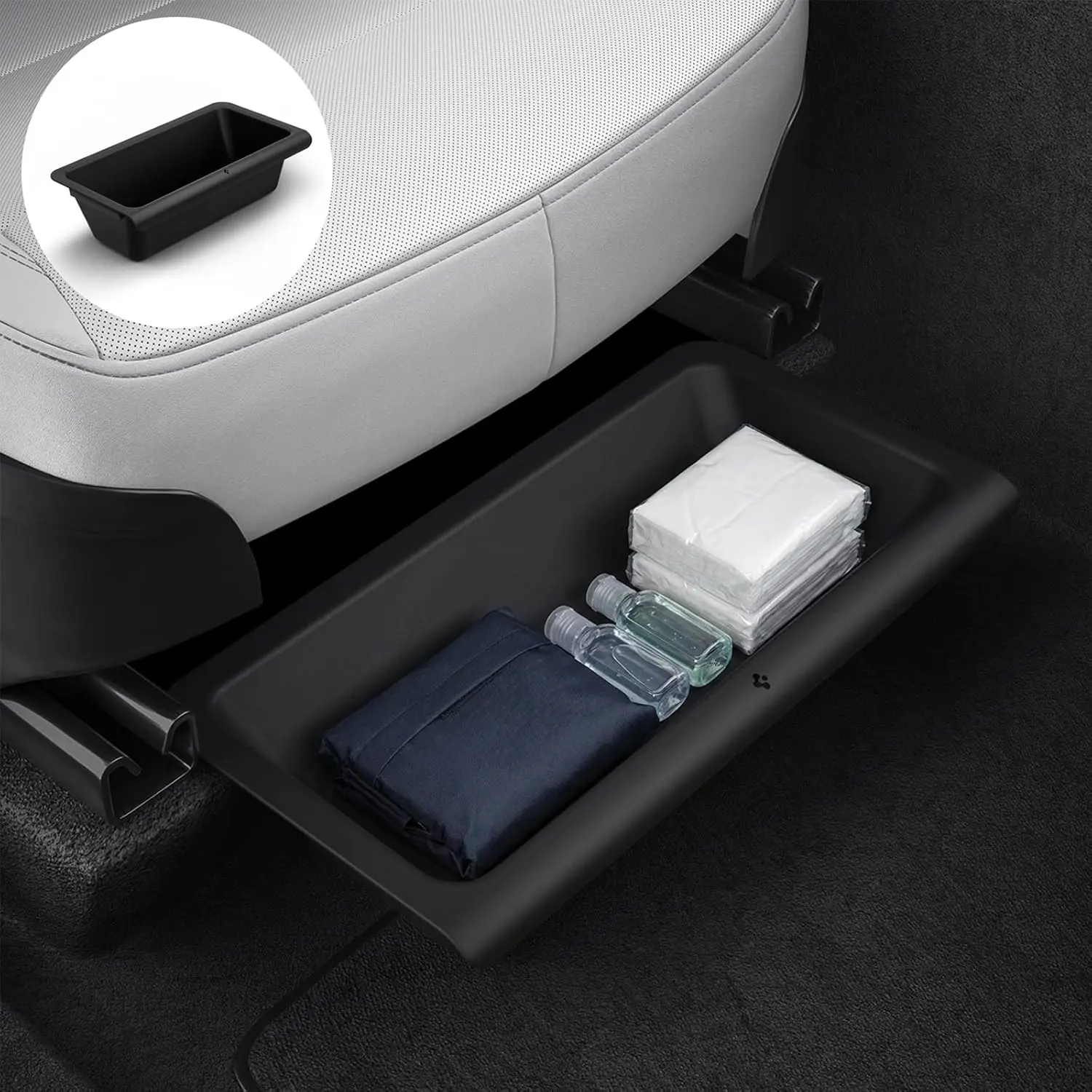 Spigen Under Seat Hidden Storage Box for 2025-2026 Tesla Model Y Juniper Accessories - Tray, Waterproof Shell, Water Resistant, Anti-Rattle, Tough TPE, Smooth Slide, Tool-Free, Extra Space, Easy to Maintain, Stain Resistant, 1 Pack, Tidying