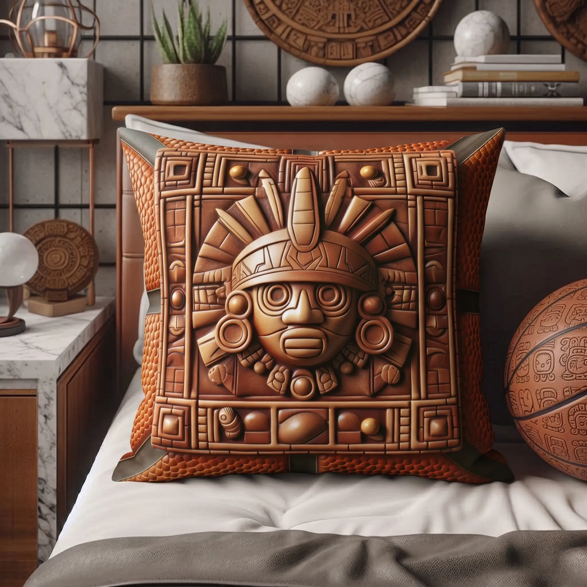 Premium Basketball Leather Pillow - Aztec Warrior Meso American Sports Design, Shape-Retain Insert, All-Over Print, Machine Washable, Indoor-Outdoor Use, Indigenous Art Decor for Lounge/Office, Melanin Tribe Style