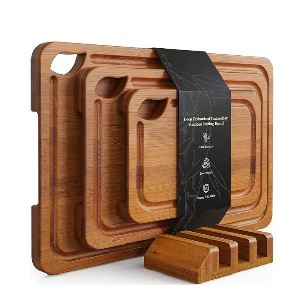 Bamboo Cutting Boards Set with Storage Stand, Reversible Kitchen Chopping Boards with Juice Grooves and Handles, Wood Serving & Food Prep Boards