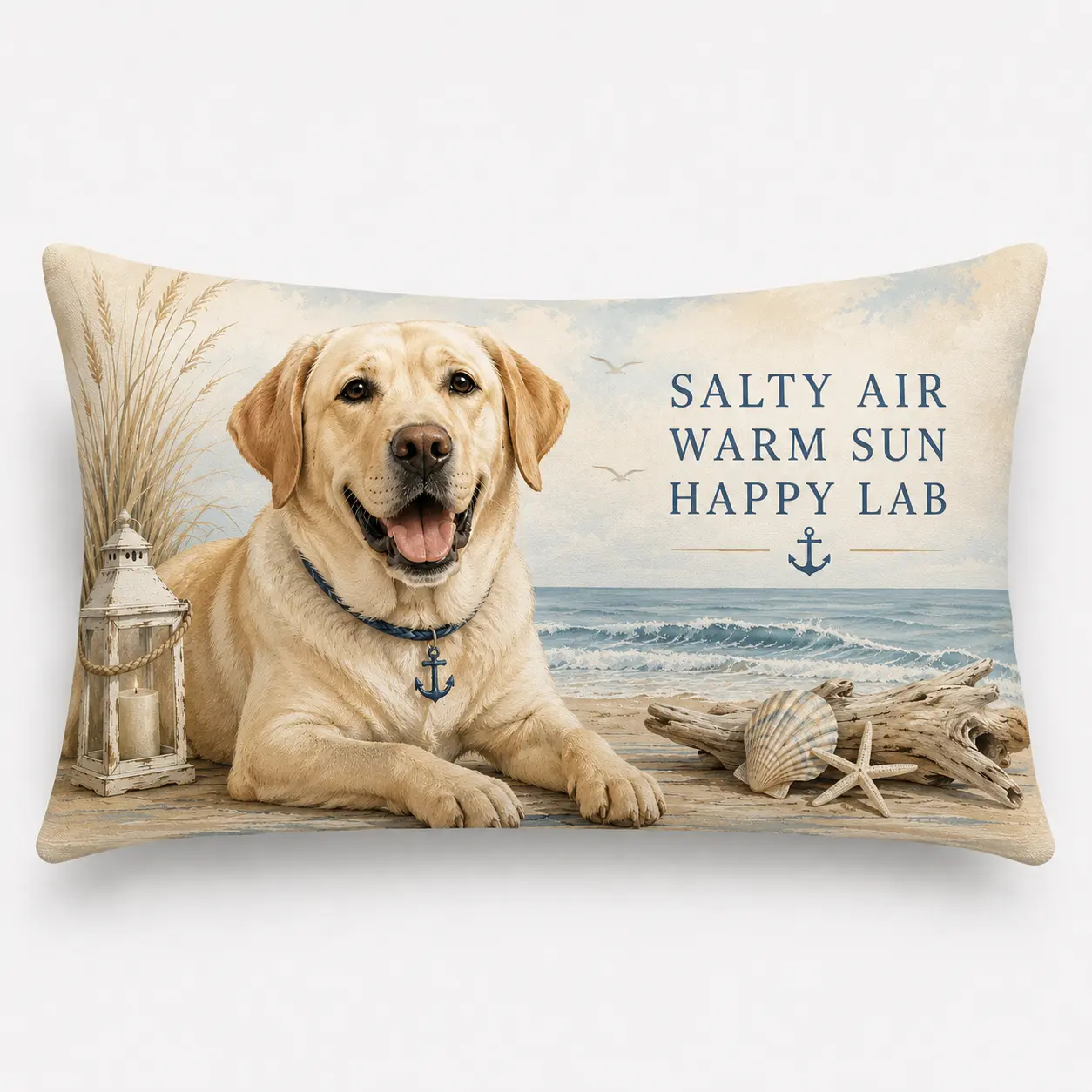 Coastal Labrador Decorative Throw Pillow, 20 x 12 Inch Beach Dog Accent Pillow, Nautical Rectangular Cushion for Sofa Bed Bedroom, Dog Lover Gift