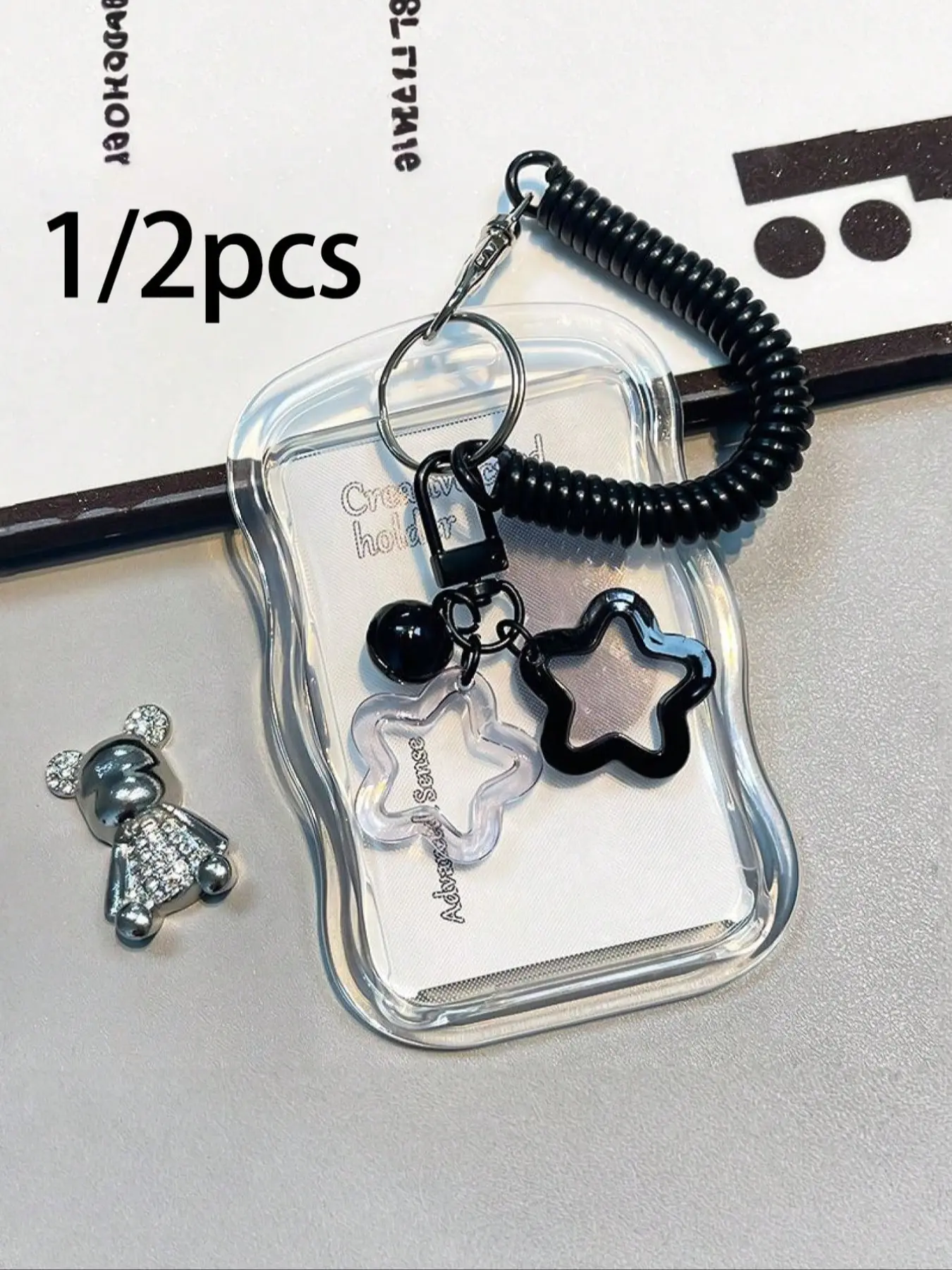 Stretchable Heart-Shaped Keychain, Durable Transparent ID Card Holder Set, Detachable Wipe-Off Cover, Key Ring & Lanyard, School Office Activities