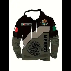 Men's Casual Hooded Sweatshirt, Vintage Mexican Eagle Print, Geometric Pattern, All Seasons Wear