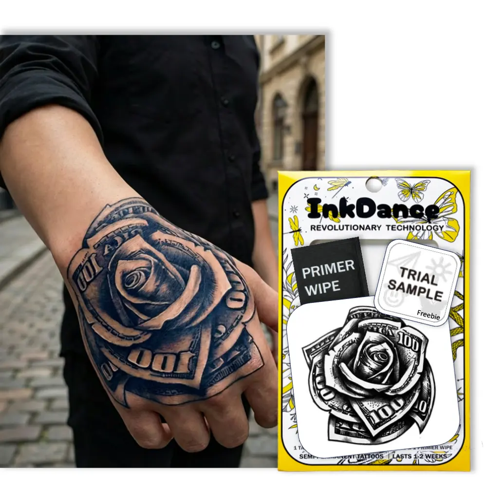InkDance Semi-Permanent Tattoo - Chicano Money Rose Design, Waterproof Plant-Based Ink, All Skin Types, Lasts 1-2 Weeks, Color Develops in 24 Hours D281