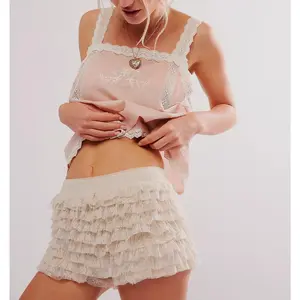 Women's Pajama Shorts Lace Layered Ruffles Elastic Waist Comfy Sleep Shorts Summer Casual Pajama Bottoms