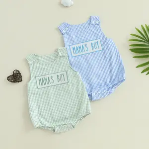 Newborn Baby Boy Summer Clothes Mama's Boy Baby Clothes Infant Gingham Romper Overalls Letter Embroidery Sleeveless Bodysuit