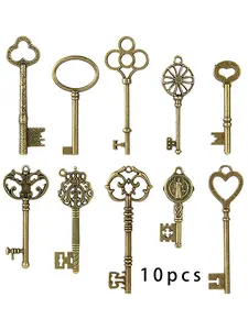 Vintage Skull Key Set, Hollow Steam Punk Keys, Antique Copper Color Key Pendants, Different Styles, 10 Pieces