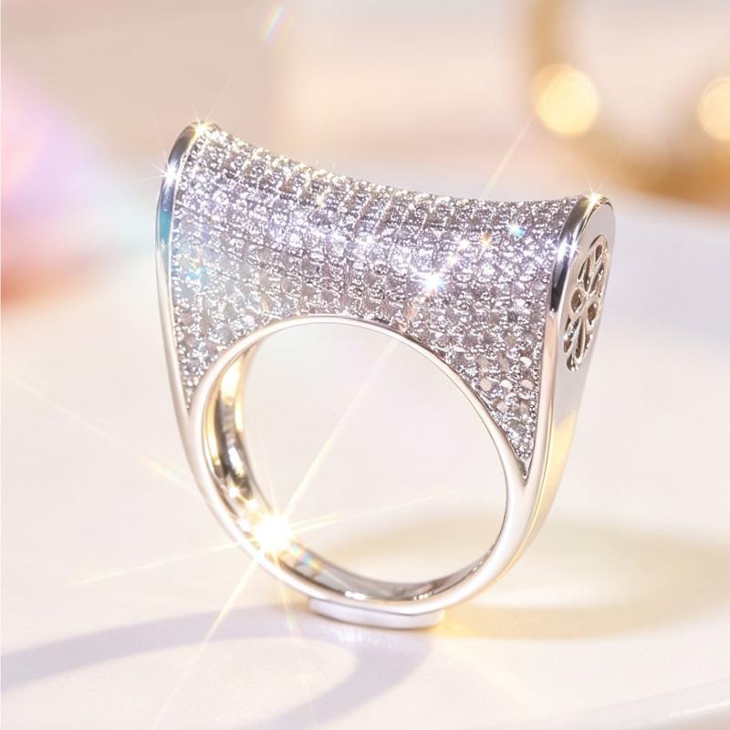 Wide Pavé Band Statement Ring for Women Silver Tone Full Micro Paved Sparkling Ring Adjustable Cocktail Jewelry Gift for Her Party Anniversary Birthday