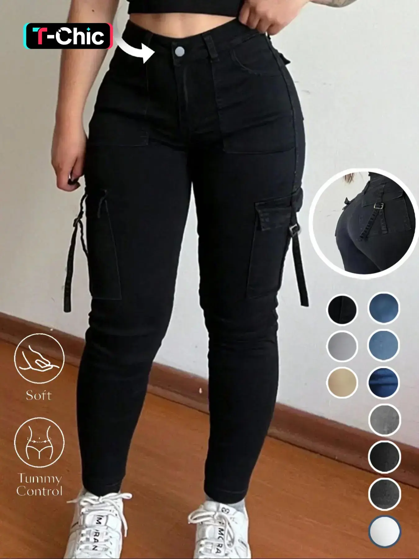 Women's Plain Multi-pocket Denim Elastic Slim Fit Button Cargo Pants, Casual Street Trousers for Everyday Wear, Ladies' Bottoms for All Seasons, Jeans, Womenswear