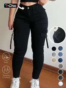 Women's Plain Multi-pocket Denim Slim Fit Button Cargo Pants, Casual Street Trousers for Everyday Wear, Ladies' Bottoms for All Seasons, Jeans